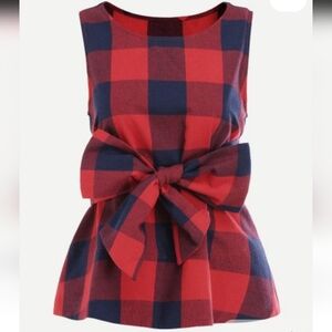 BRAND NEW WOMEN'S PLAID NAVY BLUE & RED BELTED SLEEVELESS TOP SHIRT BLOUSE SZ S